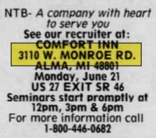 Alma Comfortable Inn and Shifters Restaurant - Jun 1999 Ad